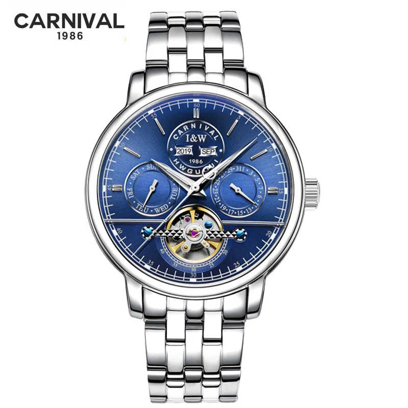 

CARNIVAL Perpetual Calendar Mens Sport Watches Automatic Watch Steel Waterproof Tourbillon Watch with Date Day reloj