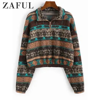 

ZAFUL Women Ethnic Elephant Geo Print Drop Shoulder Quarter Zip Hoodie Hoodie Tribal Printing Winter Sweatshirts Female Pullover