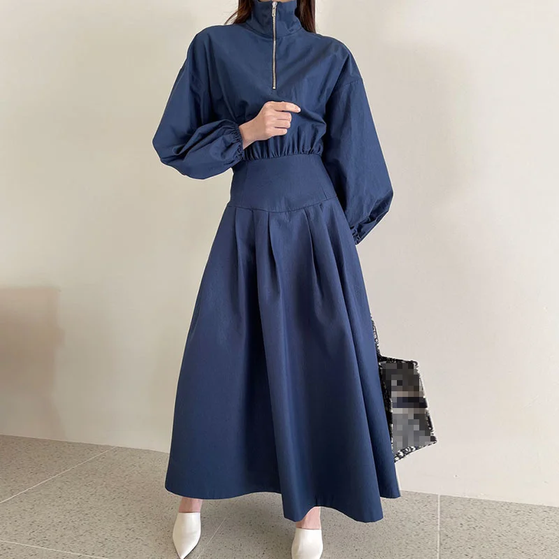 [EWQ] Women's Fashion Spring 2022 New Stand Collar Waist Long Puff Sleeve Mid-calf Solid Color Dresses Female Tide 5E2959 | Женская