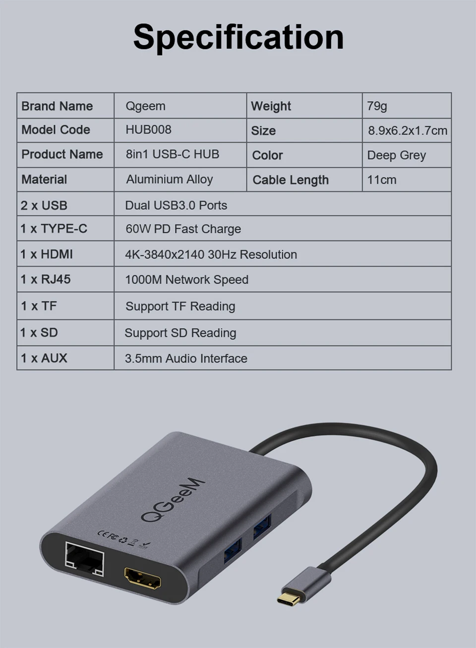 IsMyStore: QGeeM 8 In 1 USB C Hub for Macbook Pro USB Hub 3.0 Adapter PD HDMI RJ45 TF SD 3.5mm Aux Type C Hub for iPad Pro Splitter Dock IsMyStore: QGeeM 8 In 1 USB C Hub for Macbook Pro USB Hub 3.0 Adapter PD HDMI RJ45 TF SD 3.5mm Aux Type C Hub for iPad Pro Splitter Dock