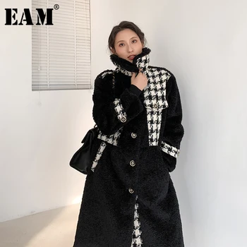 

[EAM] Loose Fit Plaid Lambswool Big Size Long Woolen Coat Parkas New Long Sleeve Women Fashion Tide Autumn Winter 2020 1X5870
