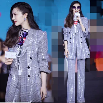 Fashion 2 Piece Pant Set Women Double Breasted Plaid Print Bling Jacket Top + Long Pant Suit Runway Work Office Outfit Uniform
Fashion 2 Piece Pant Set Women Double Breasted Plaid Print Bling Jacket Top + Long Pant Suit Runway Work Office Outfit Uniform
