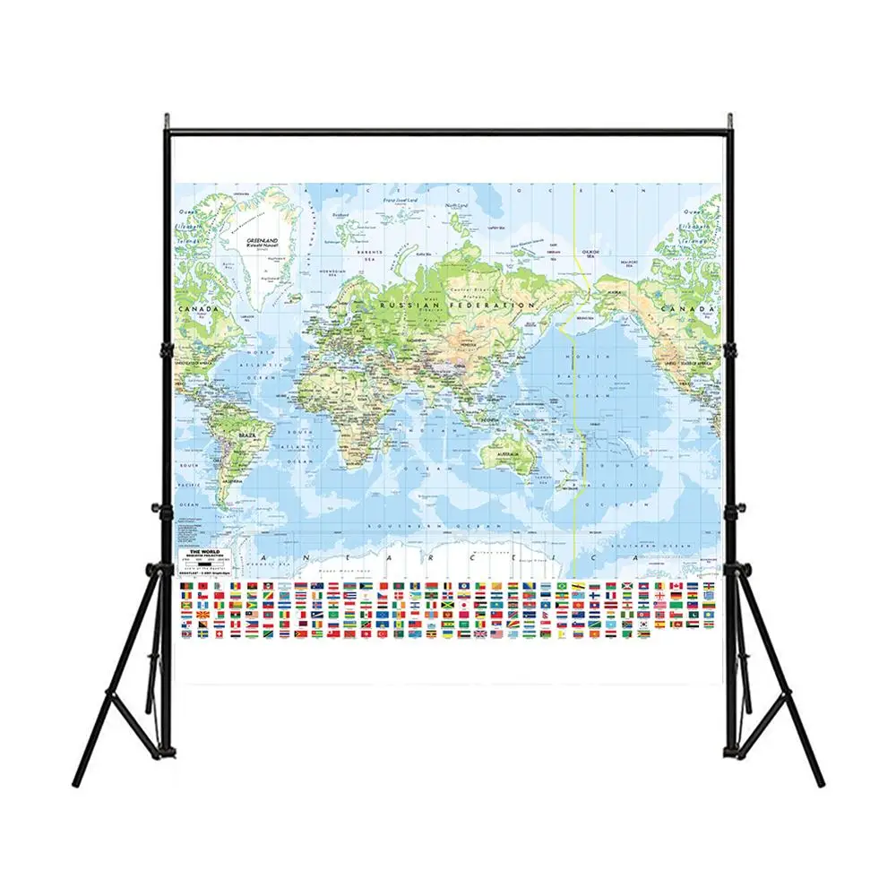 150x150cm Non-woven Spray Map Mercator Projection World Map with National Flag For Culture and Education
150x150cm Non-woven Spray Map Mercator Projection World Map with National Flag For Culture and Education