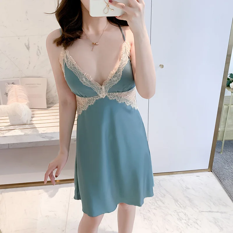 Satin Lace Patchwork Nightgown Women Sleepwear Hollow Out Intimate Lingerie Casual Sexy Short Nightdress Novelty Home Clothing
Satin Lace Patchwork Nightgown Women Sleepwear Hollow Out Intimate Lingerie Casual Sexy Short Nightdress Novelty Home Clothing