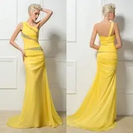One Shoulder Prom Dresses 2015 Yellow Evening Dresses Ruffled Chiffon Sweep Train Mermaid with Strap Beaded Prom Dress
One Shoulder Prom Dresses 2015 Yellow Evening Dresses Ruffled Chiffon Sweep Train Mermaid with Strap Beaded Prom Dress