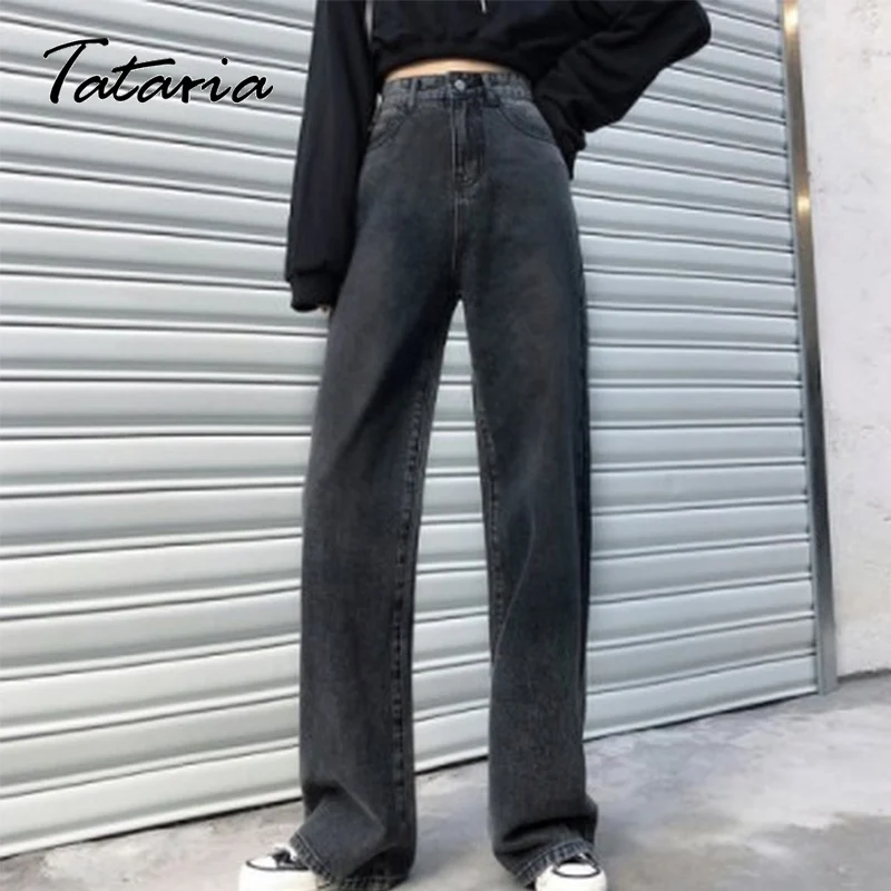Фото Женские весенние джинсы винтажные черные с высокой талией свободные широкие для