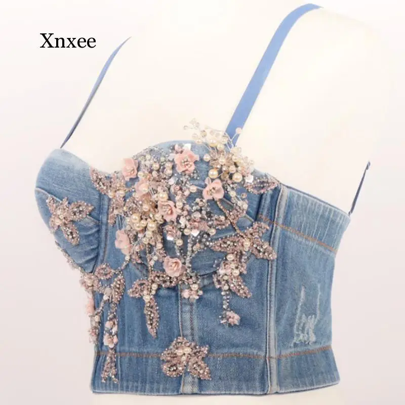 Floral Pearl Beads Denim Bustier Party Night Club Dancer Shiny Spaghetti Strap Crop Top Tops Jeans Stretch Vest Bra Stage Tank
Floral Pearl Beads Denim Bustier Party Night Club Dancer Shiny Spaghetti Strap Crop Top Tops Jeans Stretch Vest Bra Stage Tank