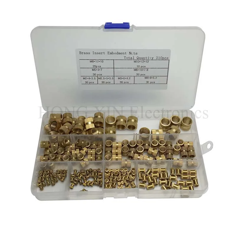 210pcs/set Brass Cylinder Knurled Threaded Round Insert Embedded Nuts Kit with Plastic Box 210pcs/set Brass Cylinder Knurled Threaded Round Insert Embedded Nuts Kit with Plastic Box