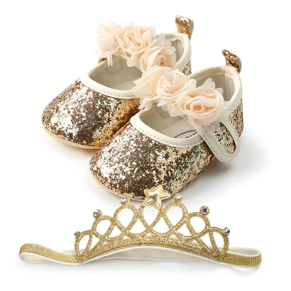 

Baby Girl Sequins Shoes Kid Moccasins Christening Baptism First Walkers Crown Headband Soft Footwear Crib Gold Silver Shoes