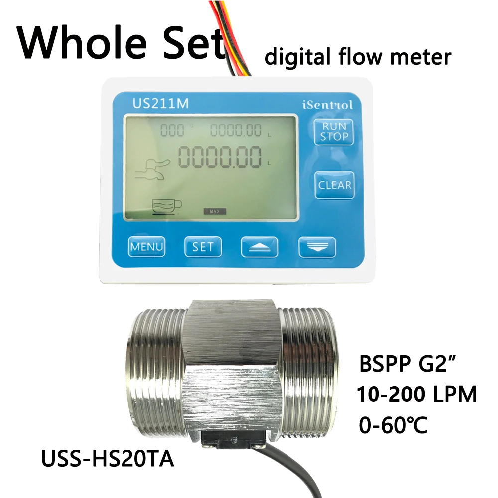 

US211M Digital Flow Meter & USS-HS20TA Stainless Steel 304 Inox Hall Flow Sensor Measurement 10-200L/minBSPP G2" Dijiang Saier