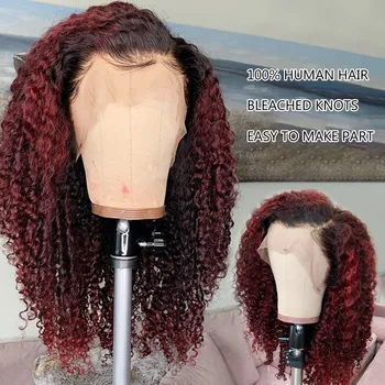 

13x4 Ombre Burgundy 1B/99J Kinky Curly 130% Lace Front Human Hair Wig For Brazilian Remy Hair Glueless Pre Plucked With Babyhair