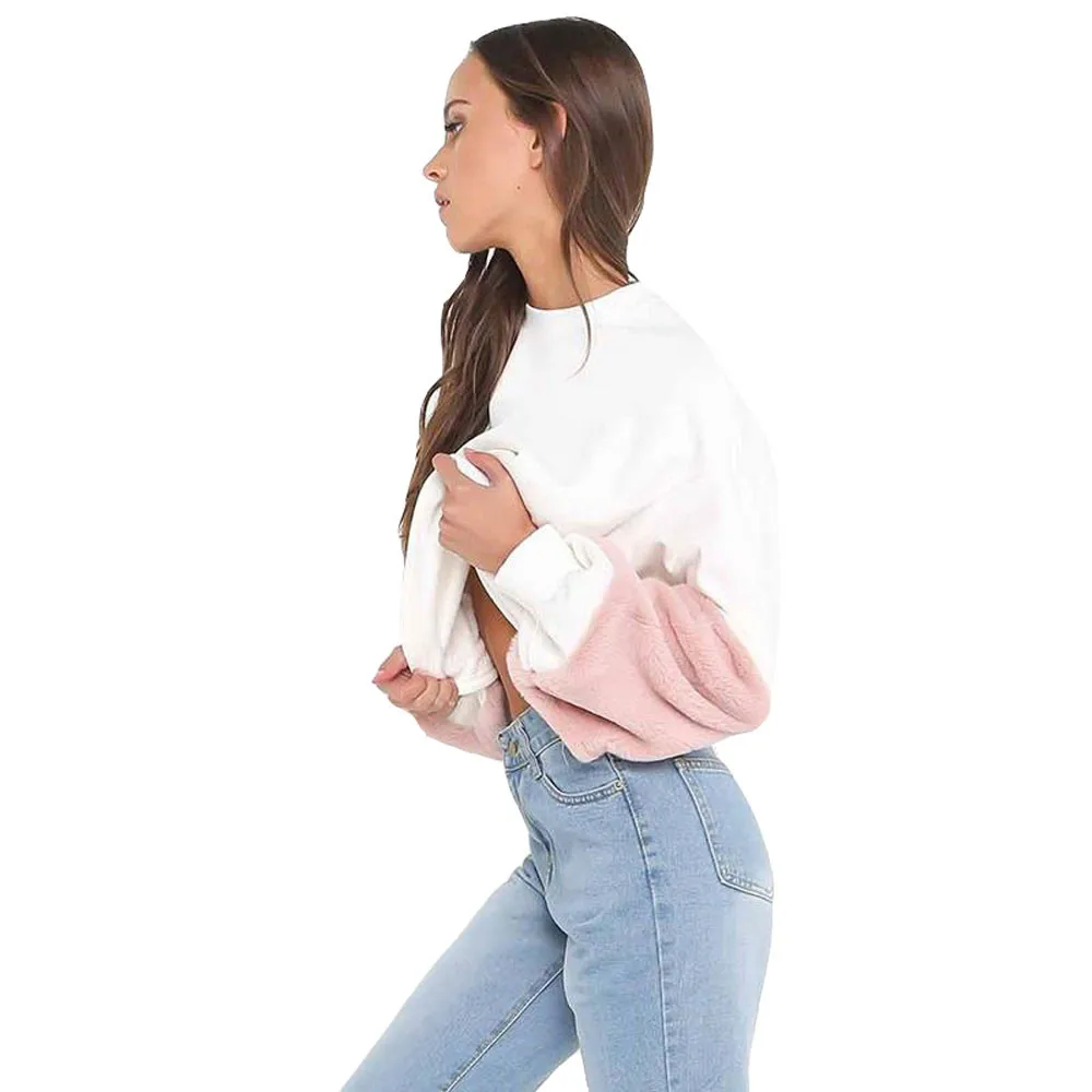 JAYCOSIN Fashion Women Casual Simple White Plush Sleeves Loose Sweatshirt European Comfortable Soft Pullover Top Blouse