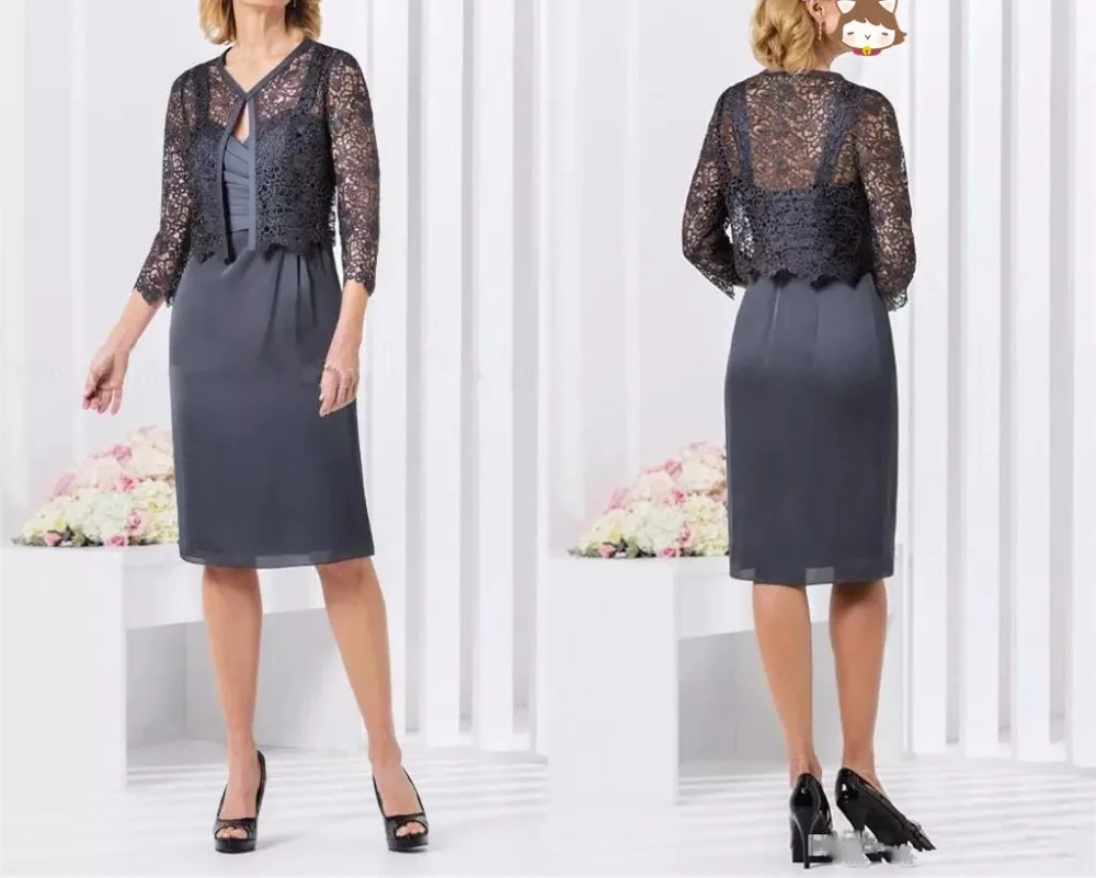Chic Gray Mother of the Bride Dresses with Lace Jacket 2019 Spaghetti Strap Ruched Knee Length Wedding Guest Short Prom dress
Chic Gray Mother of the Bride Dresses with Lace Jacket 2019 Spaghetti Strap Ruched Knee Length Wedding Guest Short Prom dress