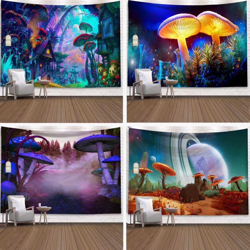 

Psychedelic Forest Mushroom Tapestry Wall Hanging Fantasy Castle Aesthetic Witchcraft Home Yoga Mat Bedroom Blanket Mural Decor