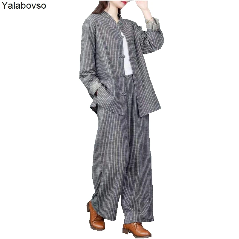 Stand Collar Long Sleeve Jacket + Cotton Linen Trousers Women Tops Pants 2 Piece Set Retro Suits Loose Comfortable Stripe
Stand Collar Long Sleeve Jacket + Cotton Linen Trousers Women Tops Pants 2 Piece Set Retro Suits Loose Comfortable Stripe
