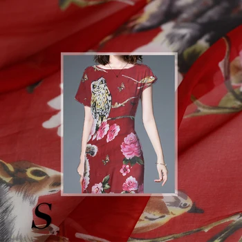 

Red Raspberry Owl Squirrel Printed Silk Chiffon 100%Silk Garment Materials Summer Women Dress Sewing Cloth Tailor Freeshipping