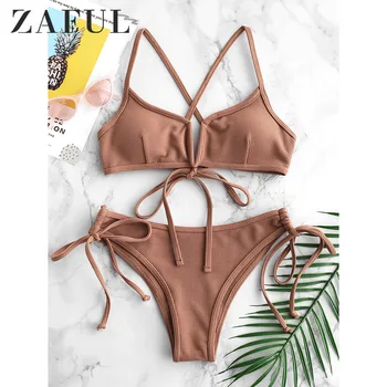 

ZAFUL Ribbed V Cut Cami Bikini Sexy Pink Bikini Padded Frilly High Leg Cut Biquinis Swimsuit Swimwear Beach Frill Bathing Suits