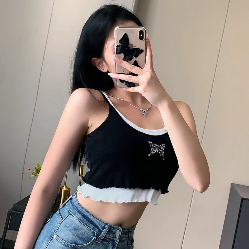 InsDoit Harajuku Vintage Sexy Black White Camis Gothic Punk Two Pieces Patchwork Camis Streetwear Casual Sleeveless Crop Tops