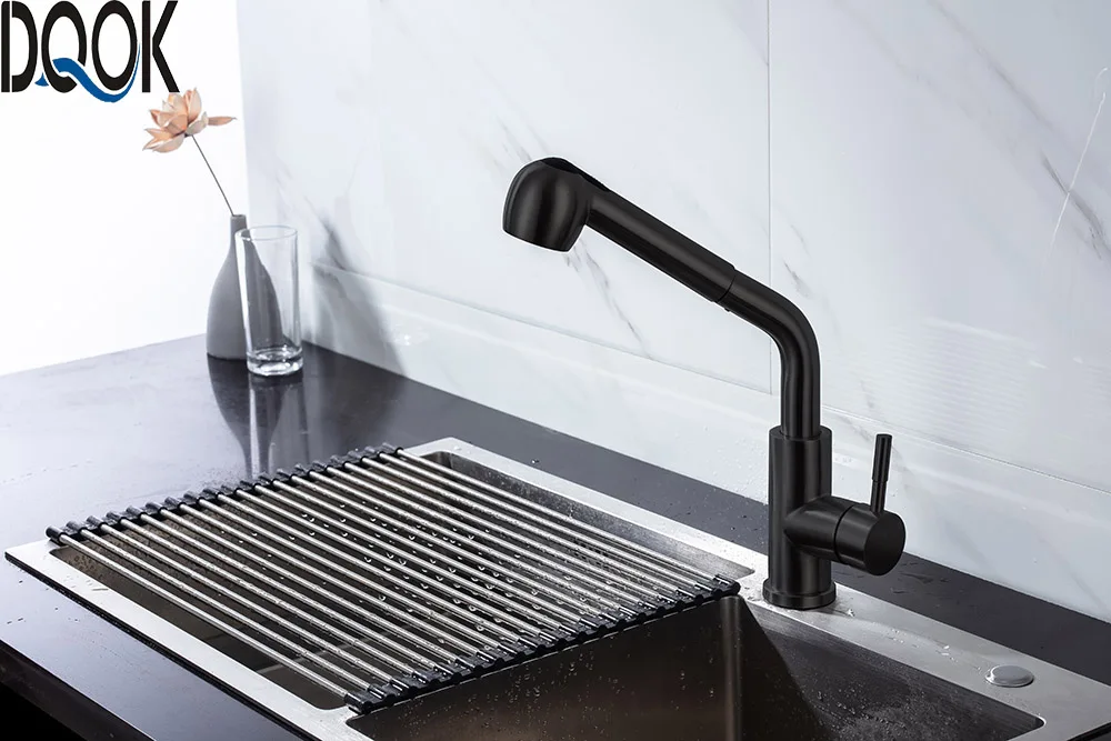 DQOK Brushed Nickel Kitchen Faucets Single Hole  360 Degree Swivel Pull Out Black Kitchen Sink Faucet Mixer Stainless Steel Tap
