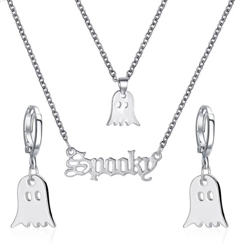 Funny Jewelry Sets for Women Double-layer Chain Letter Ghost Pendant Necklaces Goblin Drop Earrings Halloween Accessories | Украшения и