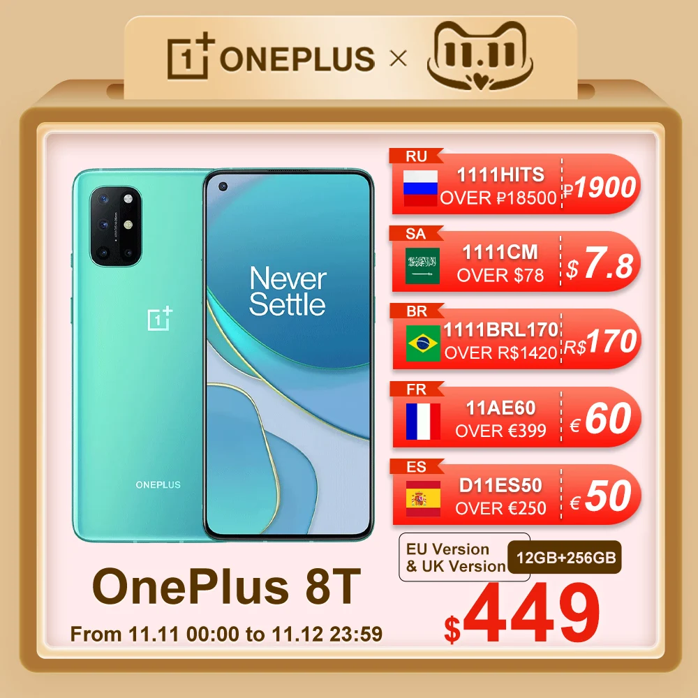 Версия для ЕС смартфон Oneplus 8 T KB2003 телефон 12 Гб 256 ГБ 120 Гц жидкий AMOLED дисплей Snapdragon