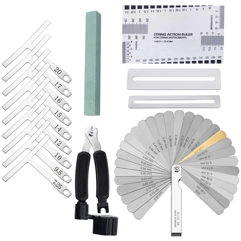 Guitar Bass Luthier Tool Kit Set With 9Pcs Understring Radius Gauge + Steel Feeler Gauge + String Action Gauge Ruler + String Cu
Guitar Bass Luthier Tool Kit Set With 9Pcs Understring Radius Gauge + Steel Feeler Gauge + String Action Gauge Ruler + String Cu