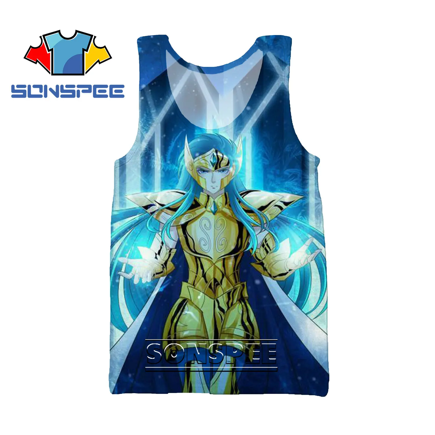 

SONSPEE 3D Anime Saint Seiya Print Vest Oversized Harajuku Beach Sports Gym Fashion Sleeveless T-shirt Men's Women's Street Tops