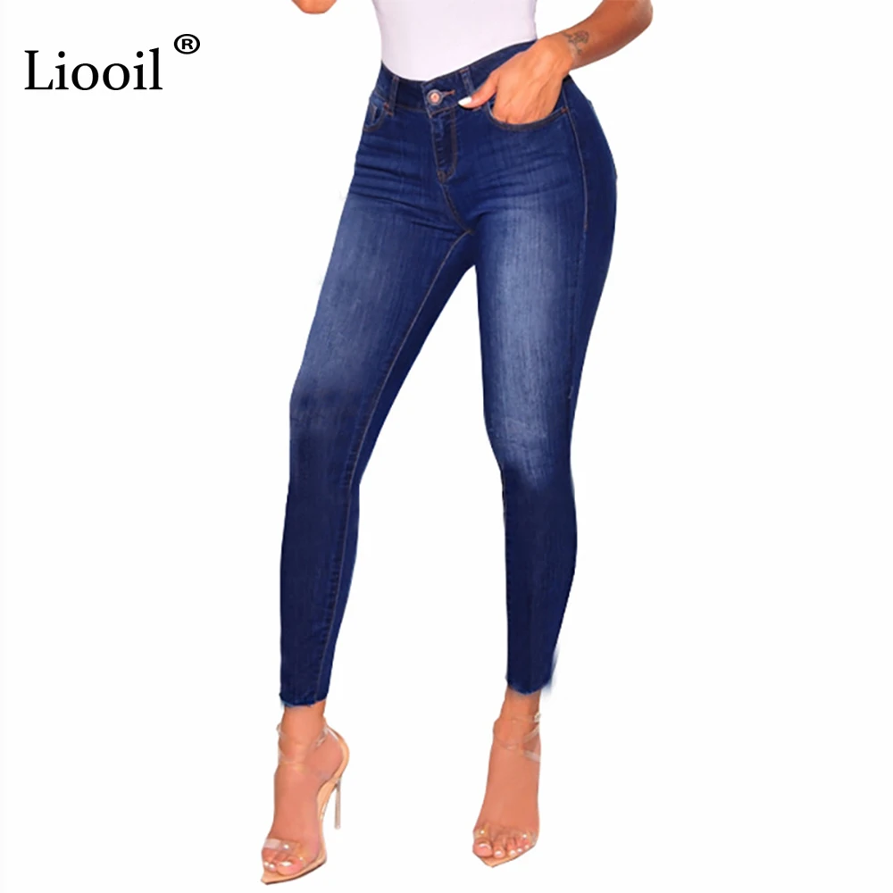 

Liooil Sexy Elastic Skinny Denim Jeans Womens With Pockets 2019 Blue Low Waist Pencil Pants Bottoms Wash Distressed Jean Trouser