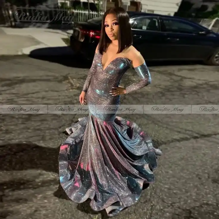 Blestyashie Chernye Platya Dlya Vypusknogo Vechera S Dlinnymi Rukavami I Blestkami V Stile Rusalki Dlya Devochek Fioletovoe Vypusknoe Plate S Blestkami Bolshie Razmery Vechernee Plate V Afrikanskom Stile Aliekspress