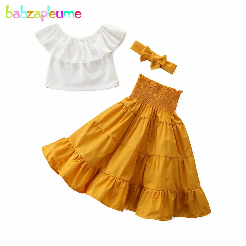 

3Piece/2-6Years/2020 Summer Outfit Toddler Girls Sets Fashion Kids Clothes White T-shirt+Skirt+Headband Children Clothing BC1515