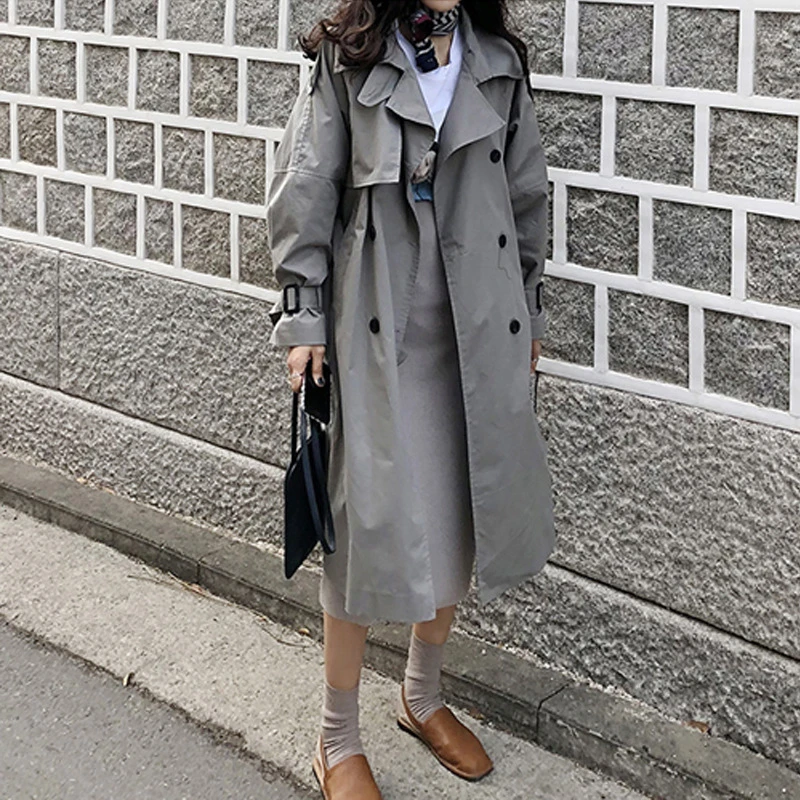 Женский Повседневный Тренч с поясом длинное хлопковое пальто оверсайз двойным