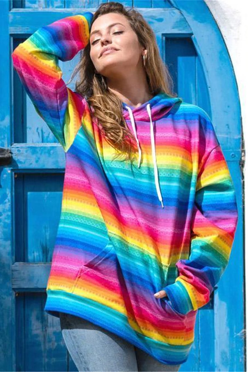 Colorful Contrast Sweatshirt Women Casual Drawstring Loose Shoulder Long Sleeve Front Pocket Pullover Rainbow Oversize Hoodie
Colorful Contrast Sweatshirt Women Casual Drawstring Loose Shoulder Long Sleeve Front Pocket Pullover Rainbow Oversize Hoodie