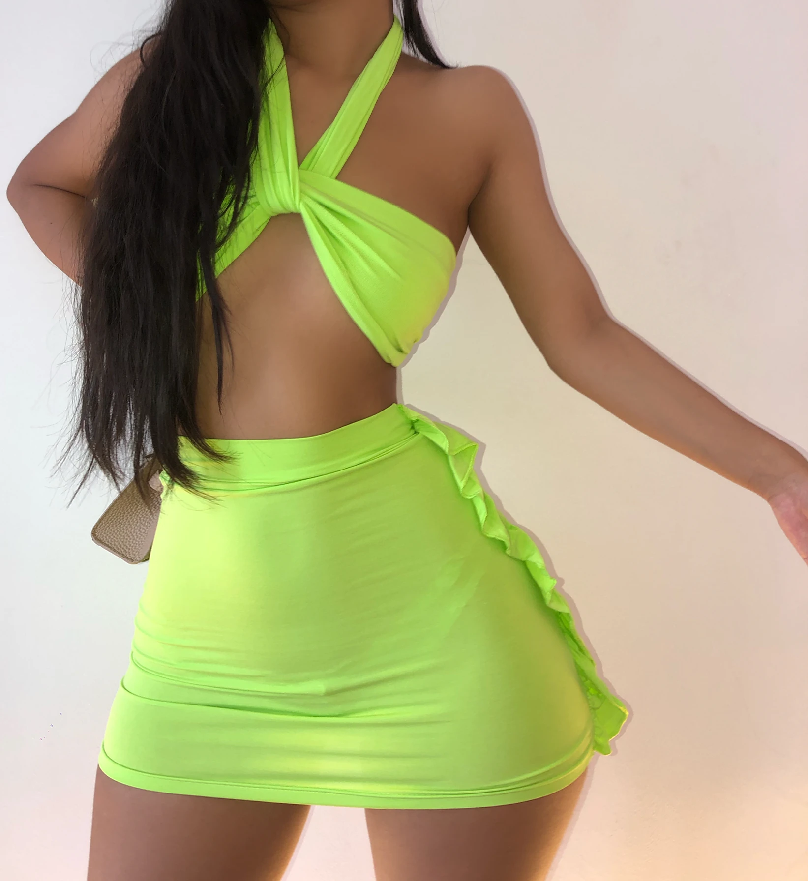 KGFIGU 2020 New Arrival Solid color sexy suspender wrapped chest strap tight lifting hip Mini Skirt Suit
