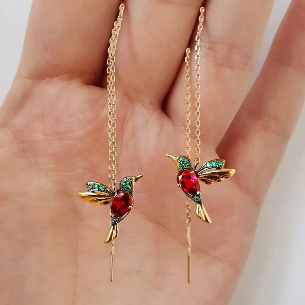 Фото Women's Dangle Earrings Fashionable Wing Spreading Zircon Hummingbird Long Pendant Earchain Lady Jewelry Цепочка На Шею