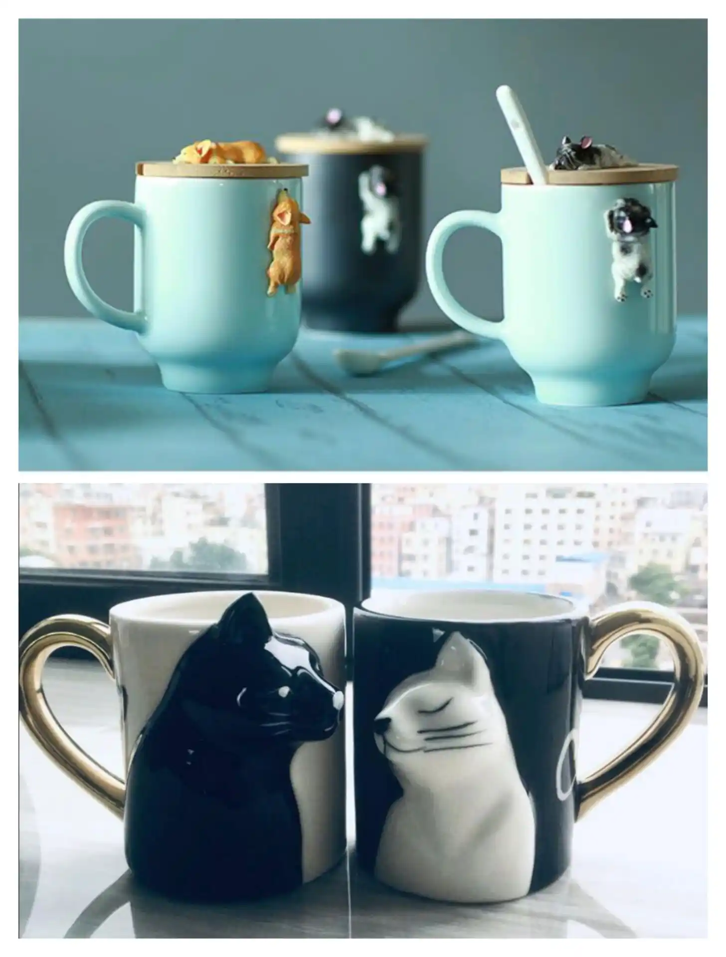 cat coffee couple handmade mug, funny tea ceramic cup set for