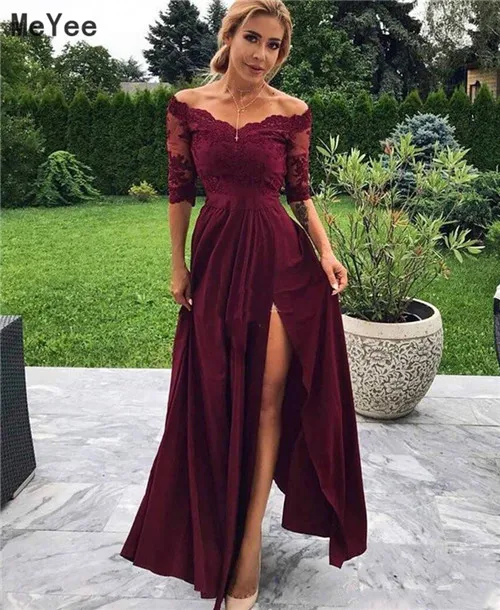 Burgundy Off Shoulder Evening Dresses 2020 Top Lace Hlaf Sleeves Side Split Formal Prom Party Dress vestido de noche Custom
Burgundy Off Shoulder Evening Dresses 2020 Top Lace Hlaf Sleeves Side Split Formal Prom Party Dress vestido de noche Custom