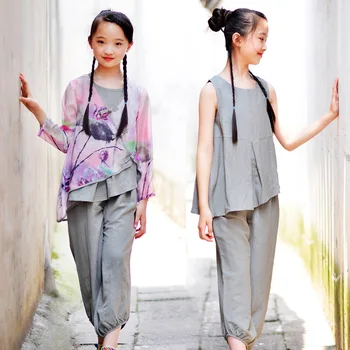 in morning: Chinese parent-child coat into ink charm girl's jacket sleeve 7 minutes of pants render three-piece suit 
in morning: Chinese parent-child coat into ink charm girl's jacket sleeve 7 minutes of pants render three-piece suit