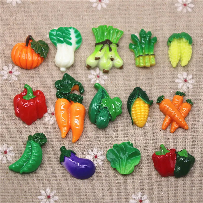 

10pcs Resin Vegetables Eggplant Peas Carrots Corn Cabbage Flat Back Cabochon Art Decoration Charm Craft DIY Hair bow Center