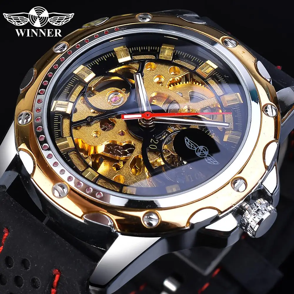 

Winner Men Skeleton Analog Mechanical Watch Automatic Luminous Hands Silicone Rubber Band Military Sport Wristwatch For Man Gift