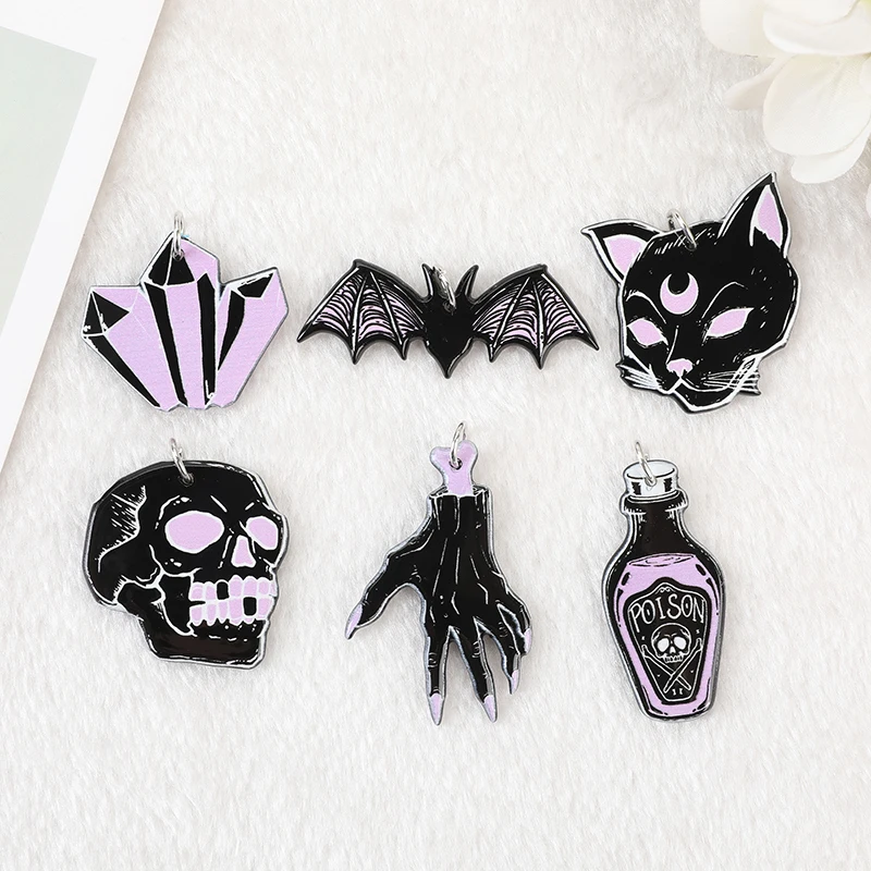 

12Pcs Halloween Charms Black Punk Witches Crafts Skull Hand Cat Bat Crystal Acrylic Jewlery Findings For Earring Necklace Diy