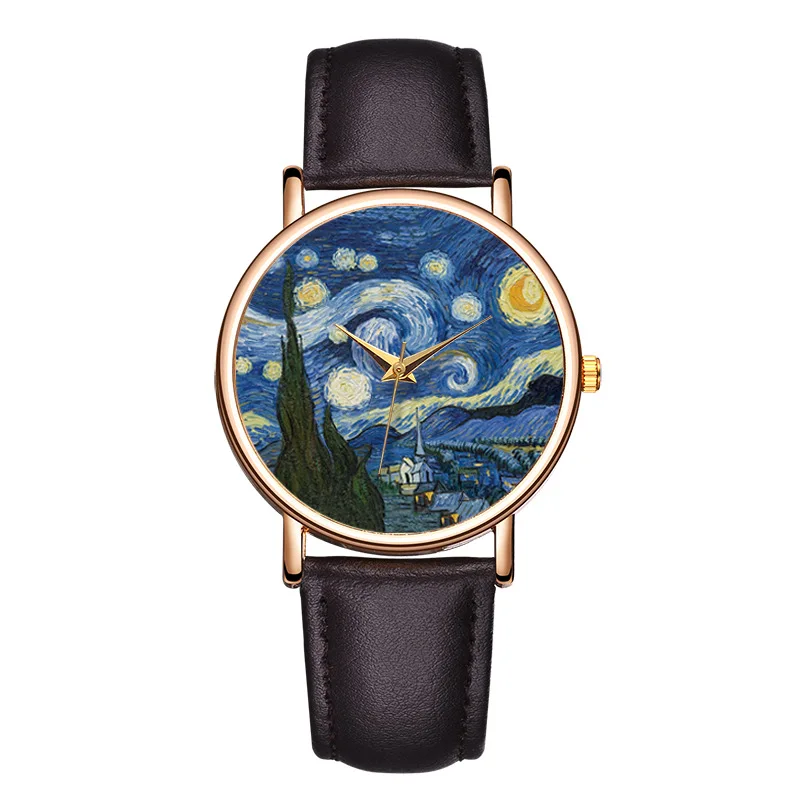 Новые модные женские часы Топ бренд Ван Гог звездное небо мужские кожаный