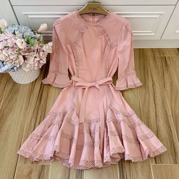 high quality women summer cotton pink lace patchwork belt Dresses Elegant Designer O-neck flare sleeve mini Dress S205
high quality women summer cotton pink lace patchwork belt Dresses Elegant Designer O-neck flare sleeve mini Dress S205