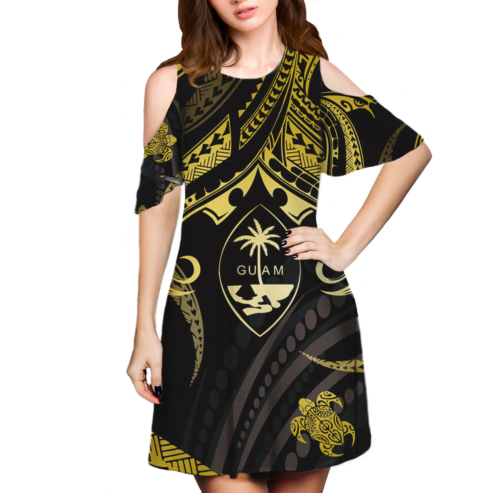 

Custom Guam Ladies Sexy Strapless Clothing Polynesia Tribal Black Background With Gold Stripes Print Women's Hawaii Dress