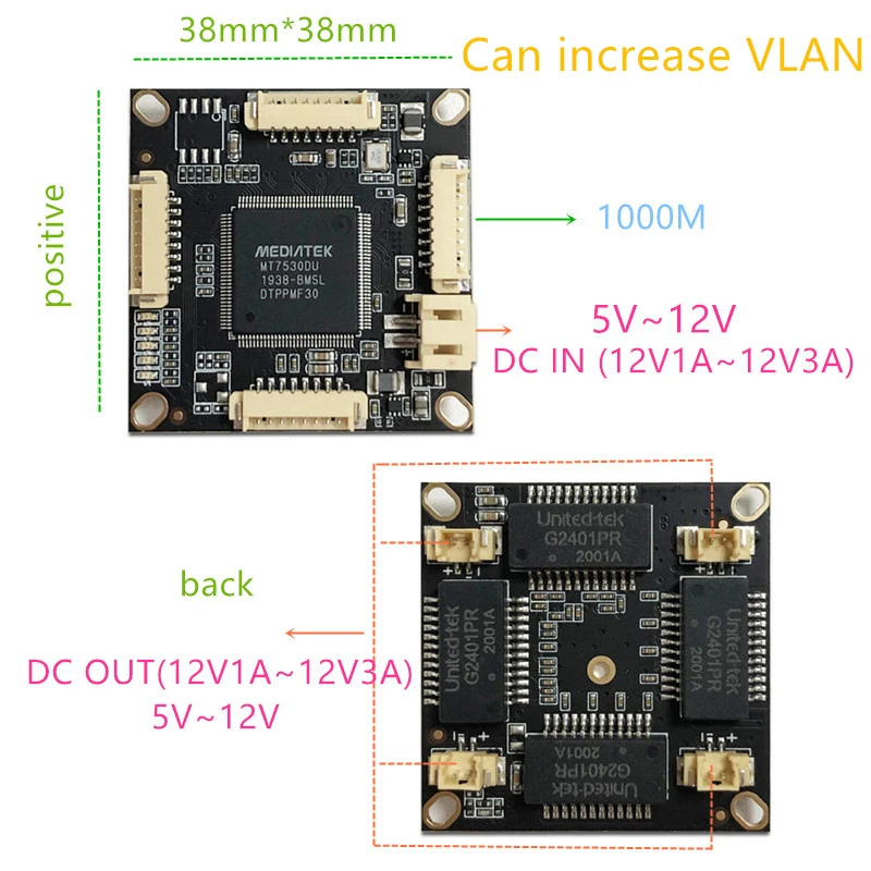 10/100/1000M 4 port gigabit Ethernet switch pcba for embedded integrated module DC 5V 12V1A-3A IN DC OUT VLAN Through current
10/100/1000M 4 port gigabit Ethernet switch pcba for embedded integrated module DC 5V 12V1A-3A IN DC OUT VLAN Through current