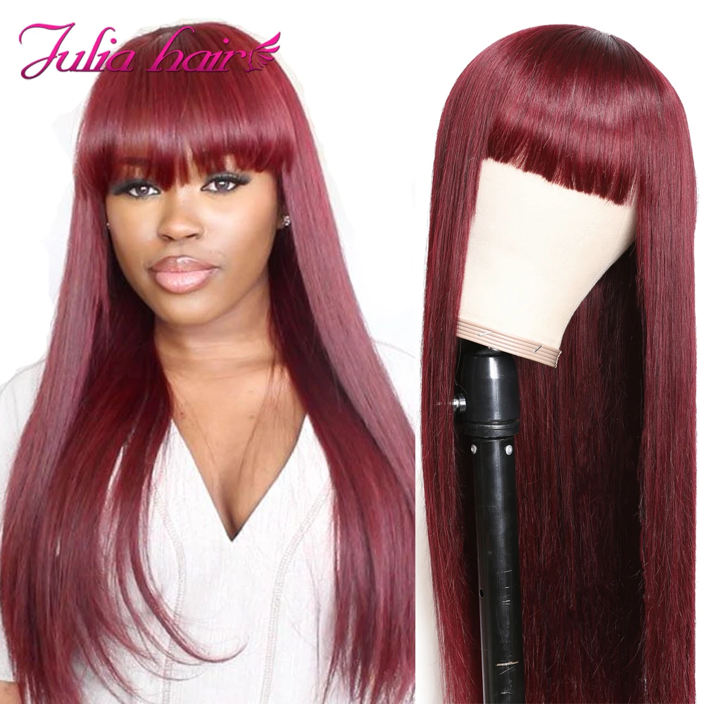 Brazilian Hair Wig With Bangs Color 99J Machine Made Straight Human Hair Wigs Ali Julia Remy Hair Highlight Wig with Bangs (2)