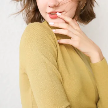 Women's solid color half high collar solid color long sleeve knitted T-shirt 2020
Women's solid color half high collar solid color long sleeve knitted T-shirt 2020