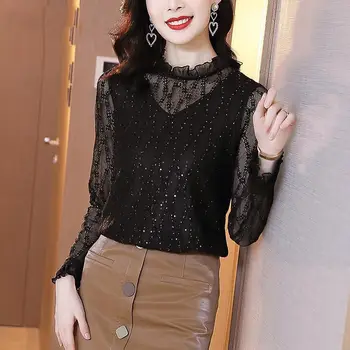 Plush / thin black lace shirt for women autumn / winter new ear collar Sequin slim Long Sleeve T-Shirt Top
Plush / thin black lace shirt for women autumn / winter new ear collar Sequin slim Long Sleeve T-Shirt Top