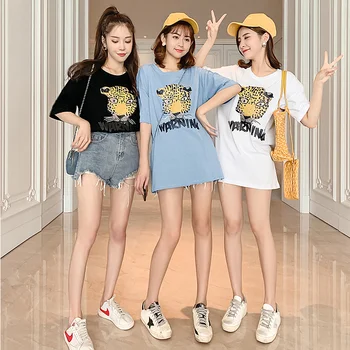 Mid-length Leopord Pattern Tiger Head Short Sleeve T-shirt Women's Summer New Style Lettered Hemp Cotton Tops Students 7676 
Mid-length Leopord Pattern Tiger Head Short Sleeve T-shirt Women's Summer New Style Lettered Hemp Cotton Tops Students 7676