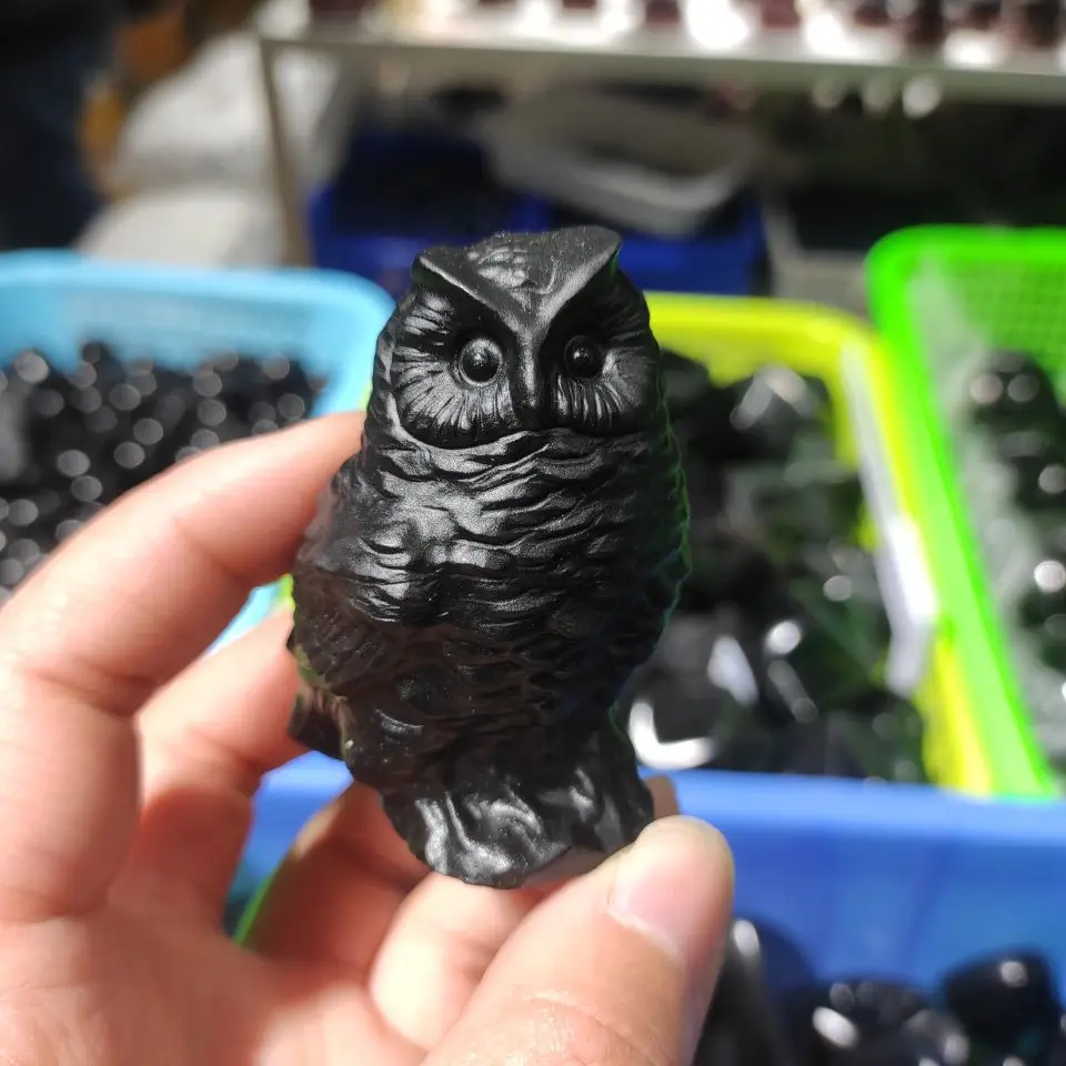 

1pc Natural Gemstone owl Figurines black obsidian Animals stone Healing crystals Craft Carved Statue for Home Decoration