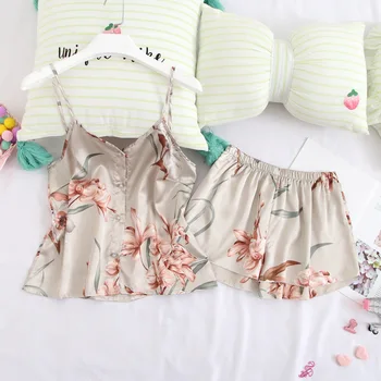 Floral Print Pajamas Sets Summer Women 2PCS Sleepwear Satin Suspender Nighty&Shorts Female Sleep Set With Buttons Home Wear 
Floral Print Pajamas Sets Summer Women 2PCS Sleepwear Satin Suspender Nighty&Shorts Female Sleep Set With Buttons Home Wear